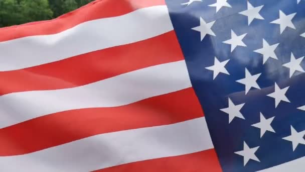 Portrait of a beautiful girl in a red dress against the background of forest mountains and the sky. US independence day, patriotic day — Stock Video