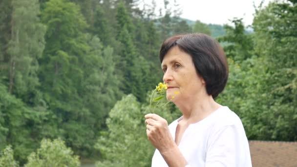 Retrato de cerca de una hermosa anciana en el fondo de un bosque de montaña con flores silvestres en la mano — Vídeo de stock