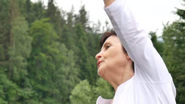 Senior woman with short dark hair doing a stretching exercise for relaxation in the morning outside over landscape of forest and mountains — Stock Video