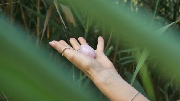 Quarzo rosa gemma in mano su sfondo verde steli all'aperto. Mano femminile con manicure francese in possesso di uovo di cristallo rosa yoni per vumfit, imbuilding o meditazione . — Video Stock