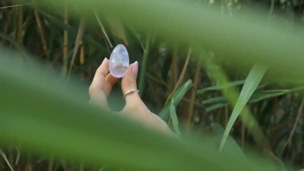 Female hand with french manicure holding transparent violet amethyst yoni egg for vumfit, imbuilding or meditation. Crystal quartz egg in hands on green background outdoors. — Stock Video