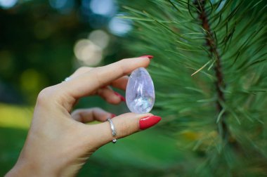 Vumfit, imbuilding veya meditasyon için şeffaf ametist kuvars yoni yumurta ile Kadın el. Çam ağacı dalları arka plan açık havada ellerde parlayan kristal yumurta. Kadın sağlığı kavramı