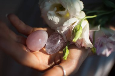 Vumfit, imbuilding veya meditasyon için iki yoni yumurta tutan kadın eller pembe kuvars ve beyaz çiçekler kapalı şeffaf menekşe ametist yapılır