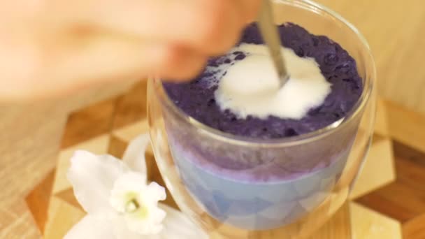 Café azul com leite de ervilha ou azul matcha feito de leite fresco quente com flores de ervilha borboleta ou clitoria ternatea em copo de vidro duplo — Vídeo de Stock