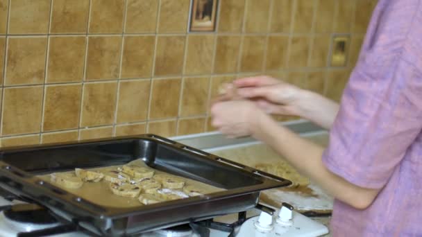 Mujer joven está utilizando bandeja para hornear para cocinar galletas frescas en la cocina — Vídeo de stock