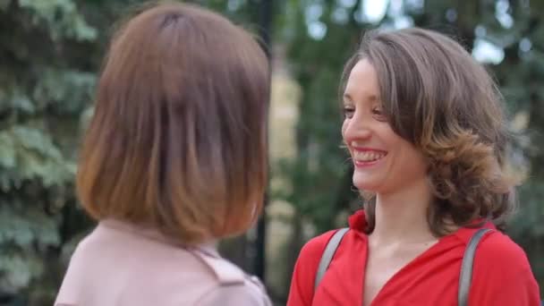 Két boldog fiatal lány ölelgeti egymást, a nők ölelkeznek, nevetnek és izgatottak. Női barátság fogalma — Stock videók