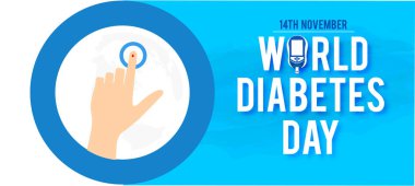 Dünya Diyabet Günü Farkındalığı, kan şekeri seviyesinde el ele tutuşma ilacı ve mavi arka plan vektör tasarımında kan damlalarının ölçümlerini elleriyle tutuyor