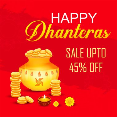 Yaratıcı resim, poster ya da afiş dekore edilmiş pot ile mutlu dhanteras, diwali Festivali kutlama arka plan ile altın dolu