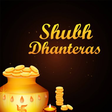 Yaratıcı resim, poster ya da afiş dekore edilmiş pot ile mutlu dhanteras, diwali Festivali kutlama arka plan ile altın dolu