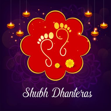 Yaratıcı soyut, başlık sayfası veya poster Tanrıça Maa Lakshmi ile Dhanteras için / Laxmi Charan Hint dhanteras ve diwali Festivali kutlamaları için 