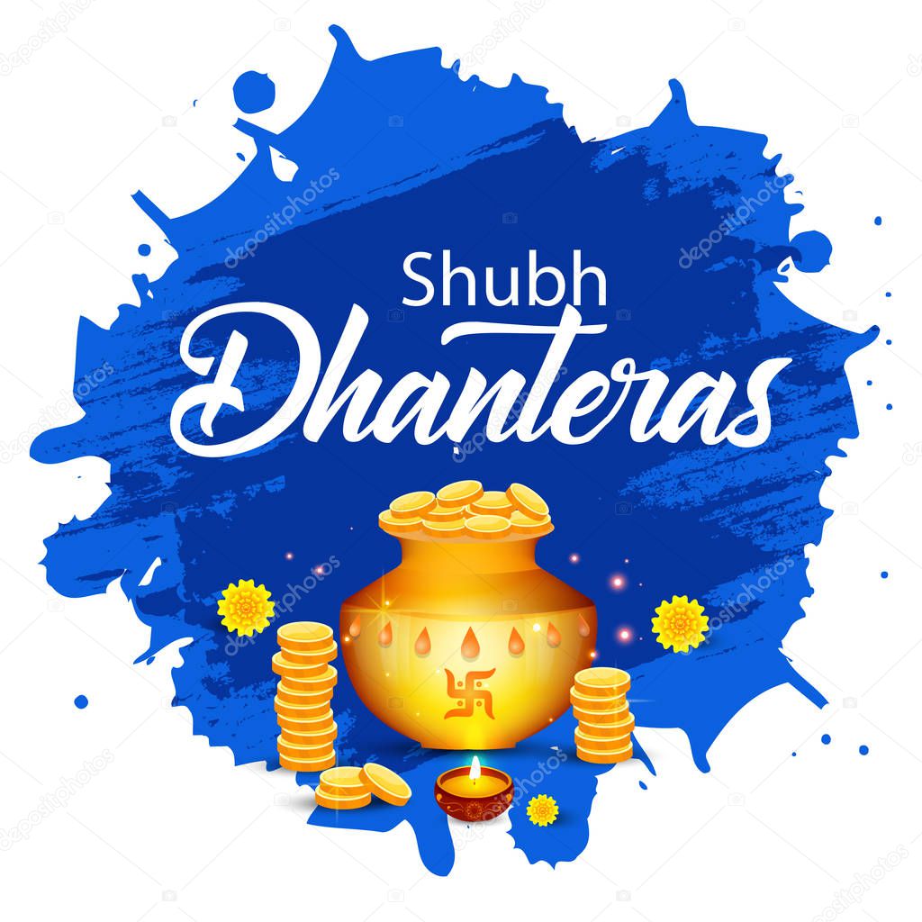Creative illustration, poster or banner with decorated pot filled with gold coins of Happy dhanteras, diwali festival celebration background
