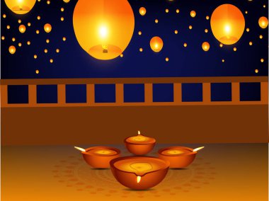 Işıklı yağ lambası, arka plan bulanık diwali dhamaka satışa gösterimi ile mutlu Diwali poster, başlığı, başlık veya tebrik kartı tasarımı.