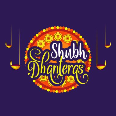 Creative illustration, poster or banner with decorated pot filled with gold coins of Happy dhanteras, diwali festival celebration background clipart