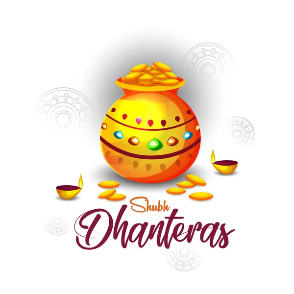 クリエイティブ イラスト ポスター 横断幕が飾られた鍋で幸せな Dhanteras ディワリ祭お祝い背景の金貨でいっぱい — ストックベクタ