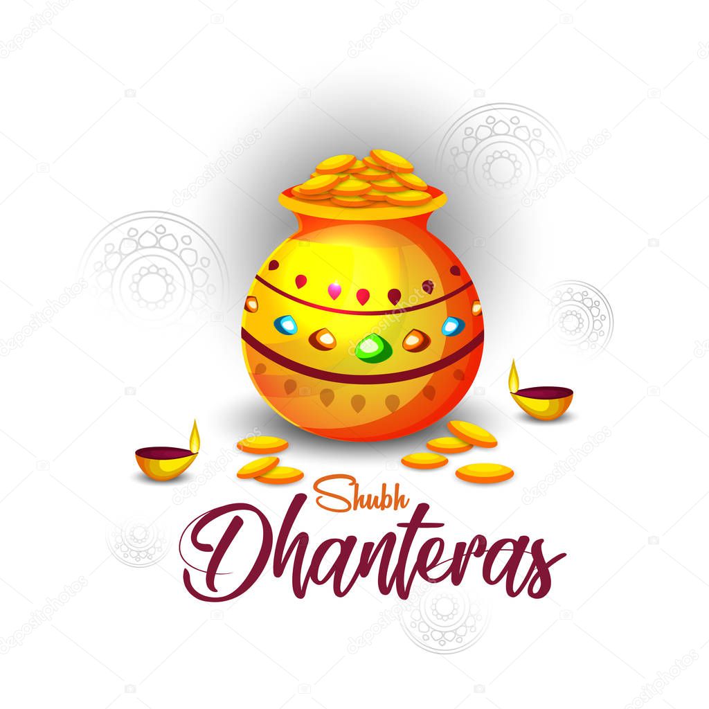 Creative illustration, poster or banner with decorated pot filled with gold coins of Happy dhanteras, diwali festival celebration background