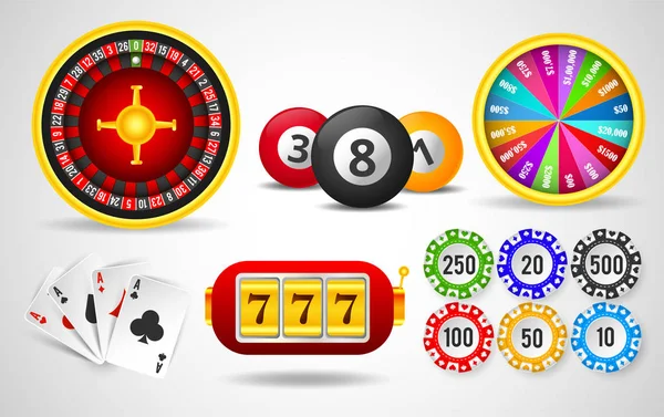 Diseño Plantilla Casino Con Rueda Ruleta Realista Naipes Fichas Casino — Vector de stock