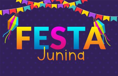 Festa Junina İllüstrasyon Parti Bayrakları ve Kağıt Fener Sarı Arka Plan ile. Tebrik Kartı, Davetiye veya Tatil Afişi için Vektör Brezilya Haziran Festivali Tasarımı. - Vektör