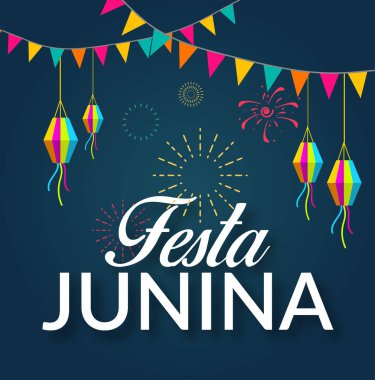 Festa Junina İllüstrasyon Parti Bayrakları ve Kağıt Fener Sarı Arka Plan ile. Tebrik Kartı, Davetiye veya Tatil Afişi için Vektör Brezilya Haziran Festivali Tasarımı. - Vektör