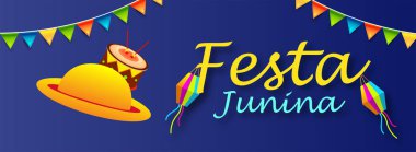 Festa Junina İllüstrasyon Parti Bayrakları ve Kağıt Fener Sarı Arka Plan ile. Tebrik Kartı, Davetiye veya Tatil Afişi için Vektör Brezilya Haziran Festivali Tasarımı. - Vektör