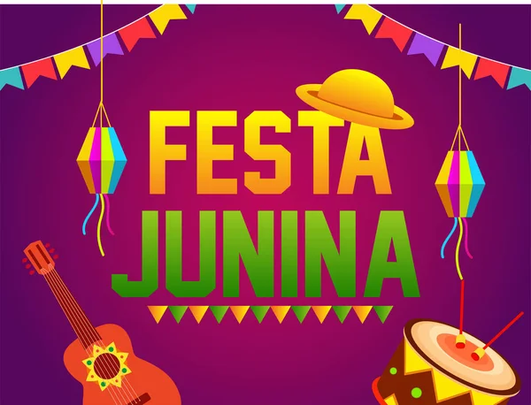 Festa Junina Ilustração Com Bandeiras Partido Lanterna Papel Fundo Amarelo — Vetor de Stock