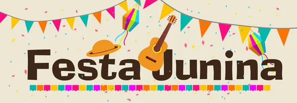 Festa Junina Illustration Mit Parteifahnen Und Papierlaterne Auf Gelbem Hintergrund — Stockvektor