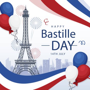 Fransız Ulusal Günü için yaratıcı vektör illüstrasyonu, kartı, afişi veya posteri. Mutlu Bastille Günü