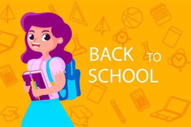 Okul vektör pankartına, 3D tahta kalemli poster tasarımına ve Okul Metnine Hoş Geldiniz - Vektör