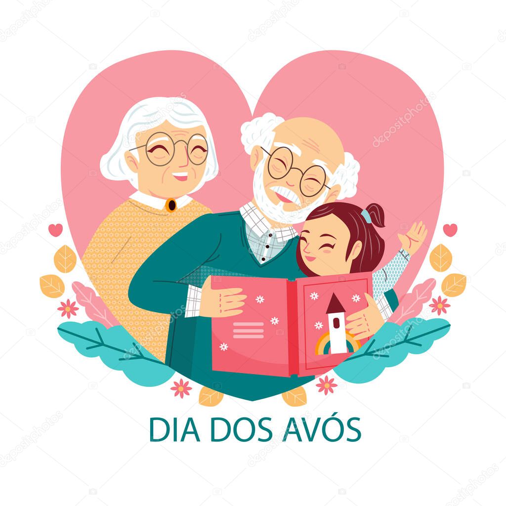 Dia dos avs with senior grandparents  Translation, Main: Grandparents' Day  Vector illustration