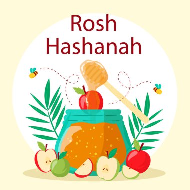 ŞANA TOVA, İbranice 'de mutlu ve tatlı bir yeni yıl. Rosh Hashanah tebrik kartı ve nar desenli. Yahudi Yeni Yılı. Vektör illüstrasyon şablonu hisse çizimi