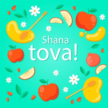 ŞANA TOVA, İbranice 'de mutlu ve tatlı bir yeni yıl. Rosh Hashanah tebrik kartı ve nar desenli. Yahudi Yeni Yılı. Vektör illüstrasyon şablonu hisse çizimi