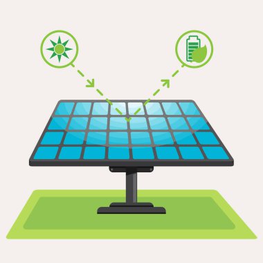 Arka planda şehrin önündeki güneş panelleri ve rüzgar türbinleri var. Çevre yeşili şehir teması. Ekolojik sürdürülebilir enerji arzı.