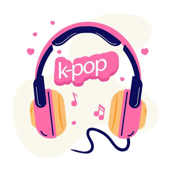 我喜欢K Pop标志 平面风格的绘画 Mp3播放器 耳机和手持壁炉 有趣的韩国流行音乐海报 集合设置音乐涂鸦 种群矢量说明 — 图库矢量图片