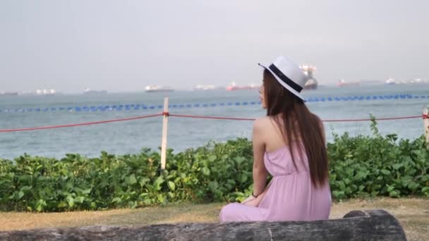 Asiatique Chinois Femme Assis Regardant Mer — Video