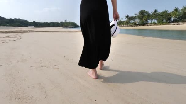 Slow Motion Asian Chinese Woman Walking Beach — Stock Video