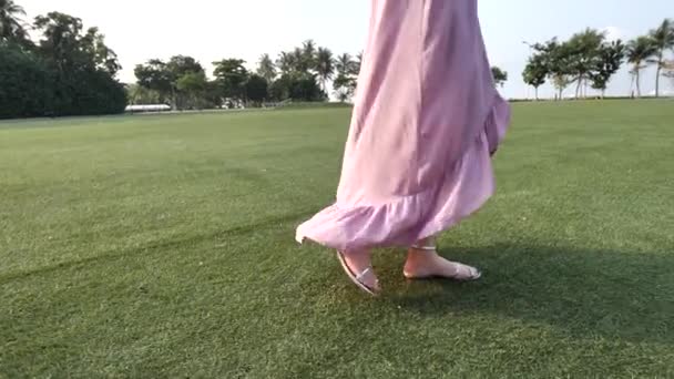 Mujer China Asiática Con Sombrero Caminando Por Césped Verde — Vídeos de Stock