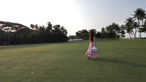 Asiatico Cinese Donna Con Cappello Piedi Attraverso Verde Prato — Video Stock