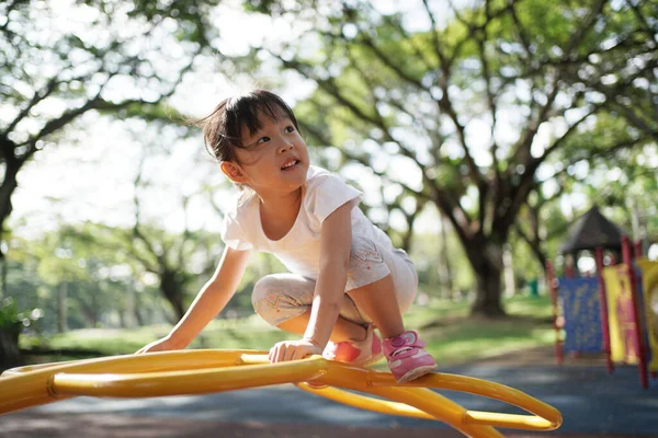 Menina Chinesa Asiática Conseguiu Subir Obstáculo Playground Por Conta Própria — Fotografia de Stock