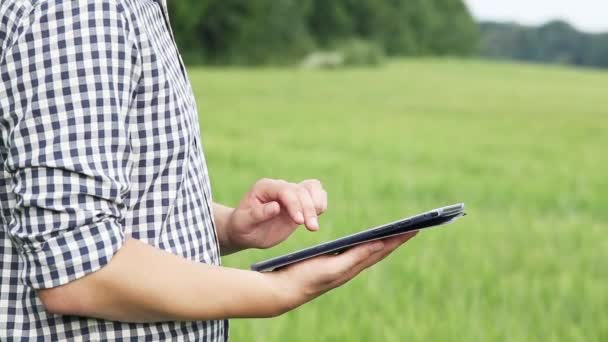 De Kaukasische mannelijke brunette boer op het veld werkt met een tablet. Wetenschapper werken op het gebied van agrarische technologie. — Stockvideo