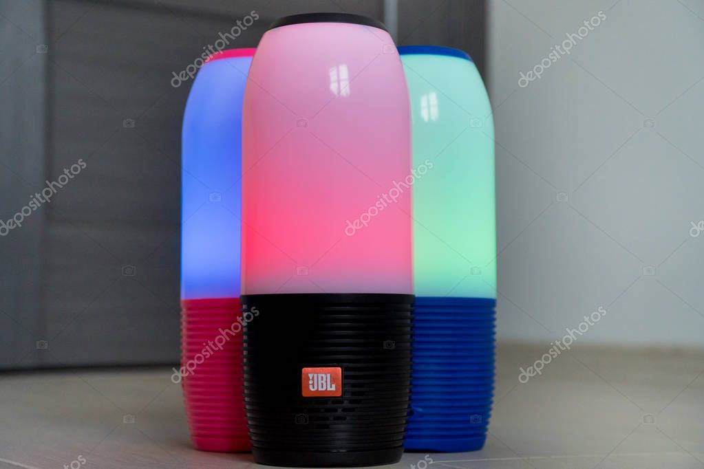DUBAI, UAE - MARCH 14, 2019: JBL bluetooth speakers close up in the hotel room