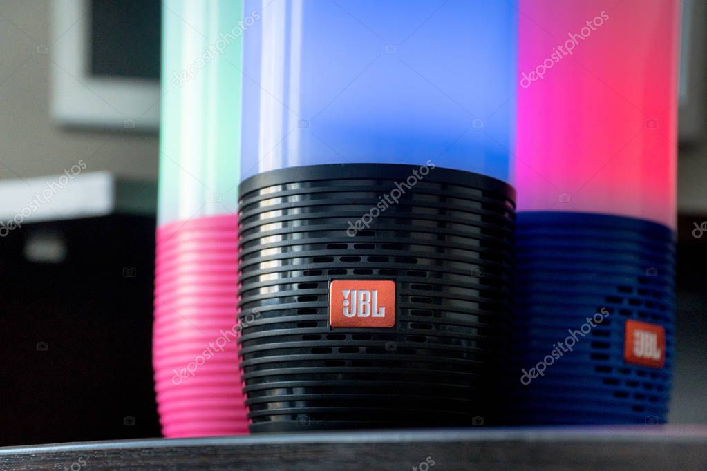 DUBAI, UAE - MARCH 14, 2019: JBL bluetooth speakers close up in the hotel room