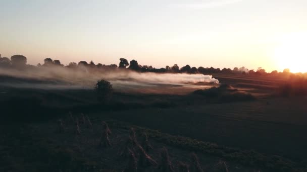 Fly over the meadow at sunset. Field in smoke. Cinematic footage — Stock Video