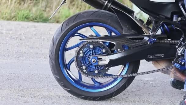 Il motociclista fa un trucco con la ruota posteriore di una moto sull'asfalto — Video Stock