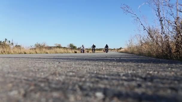 Widok z dołu na drzewo motocyklistów idzie na autostradzie. Jazdy na motocyklach — Wideo stockowe