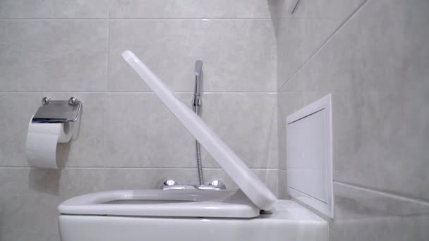 Einen Deckel der Toilettenschüssel senken. Toilette, die sich glatt schließt — Stockvideo