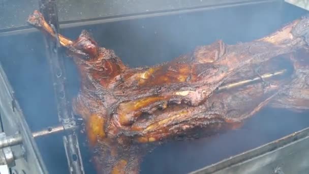 Мясо свинины на гриле в открытом огне. Готовим пиг в дровяной гриле — стоковое видео
