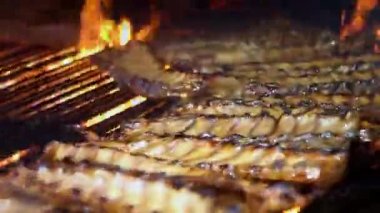 Domuz kurdeleleri. Pişirme barbekü sosis.