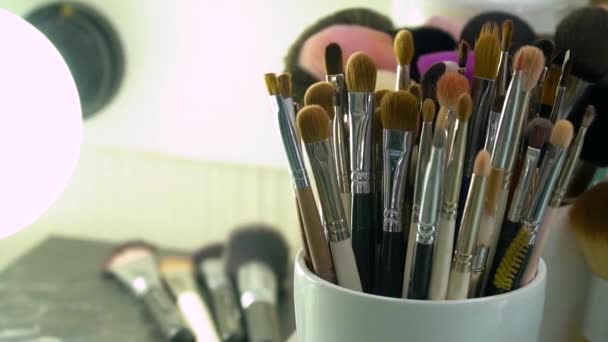 Kit de pinceles de maquillaje de cosméticos profesionales en movimiento — Vídeos de Stock