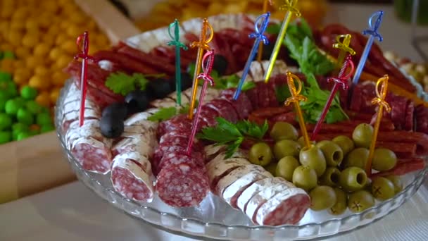 Meat buffet table at the party — Stock Video