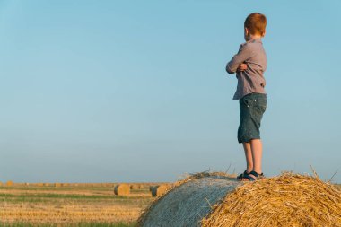 Kızıl saçlı bir çocuk buğday tarlasında saman balyasının üzerinde duruyor.