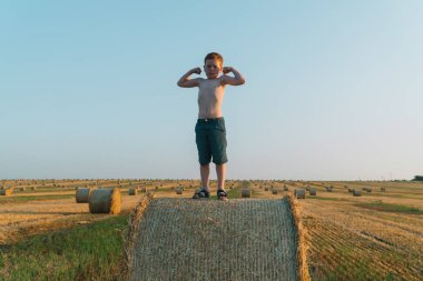 Bir kızıl saçlı çocuk hi oyunculuk duruyor bir buğday tarlasında bir saman balya sıyrık üzerinde güçlüdür